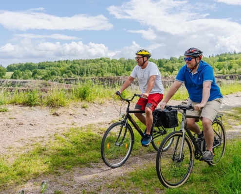 Two men bicycling in nature during summer