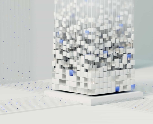 Futuristic image of small boxes moving up