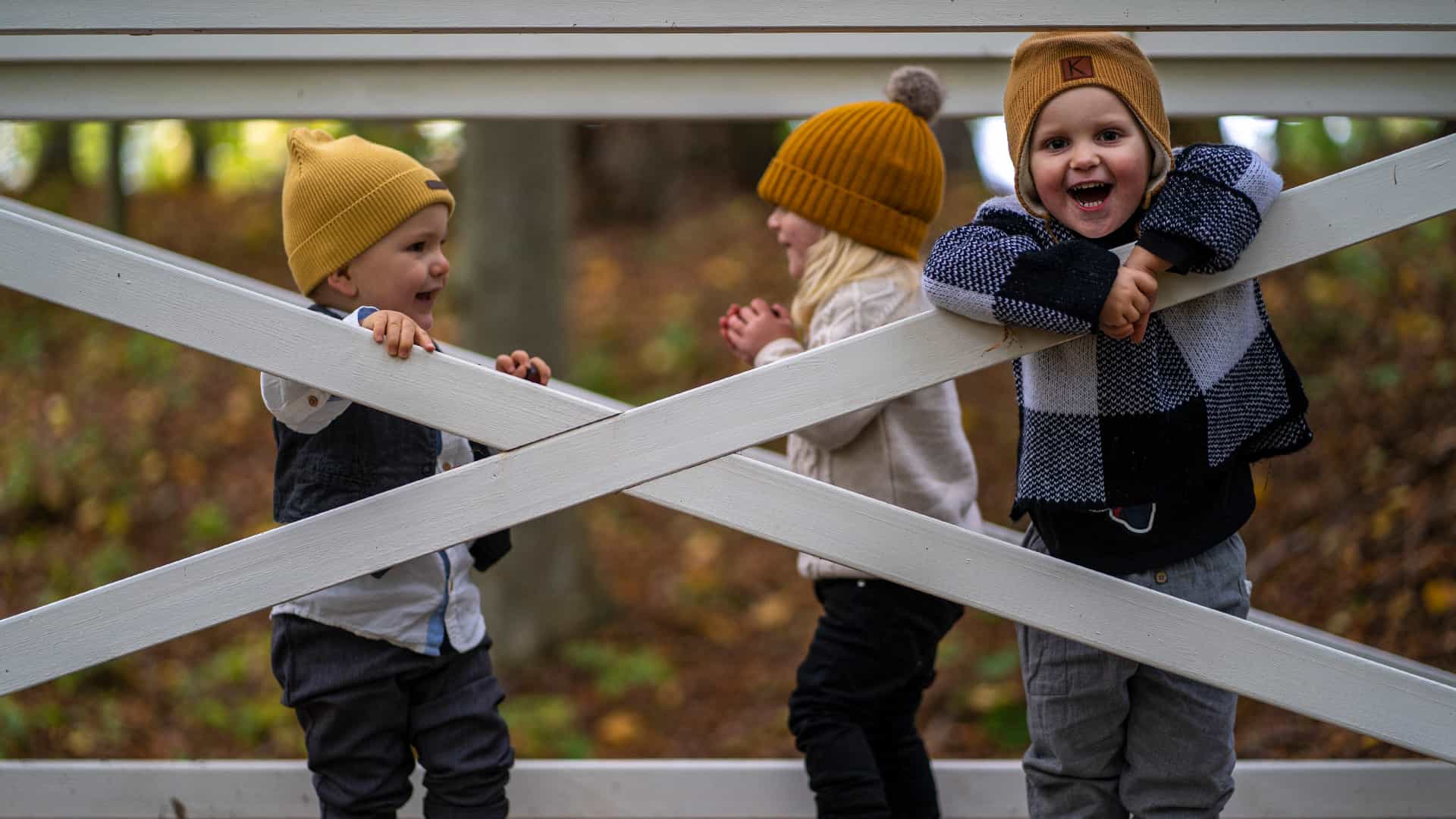 three kids playing in a forest
