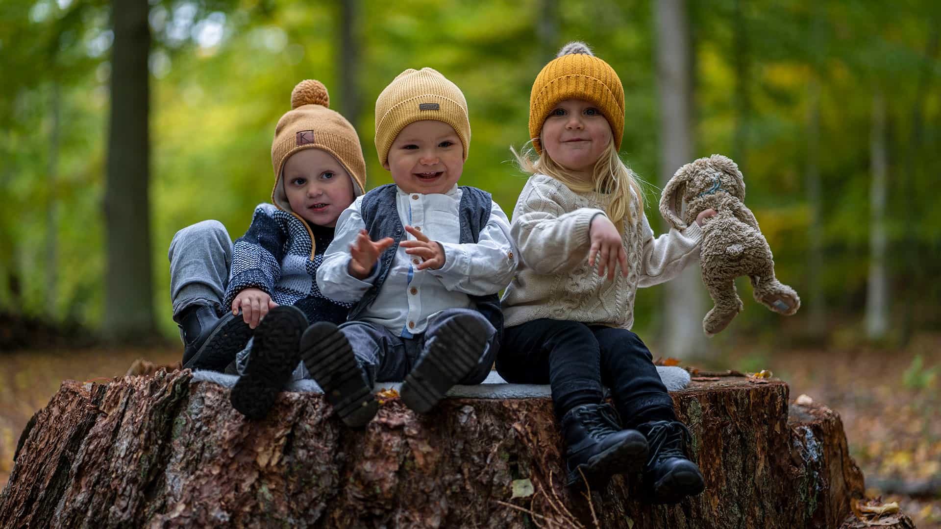three kids playing in a forest