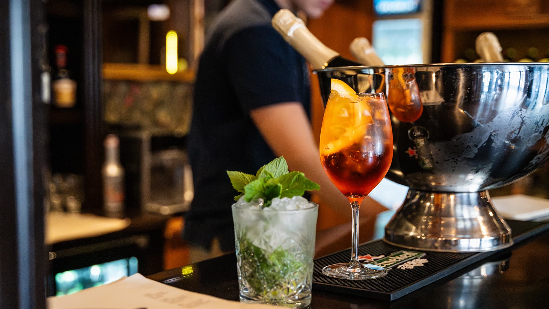 drinks prepared and ready at a bar