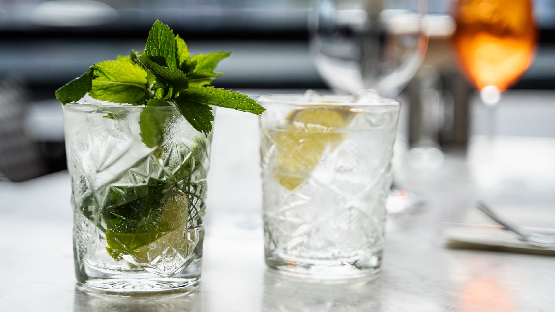 close up of two drinks at a restaurant