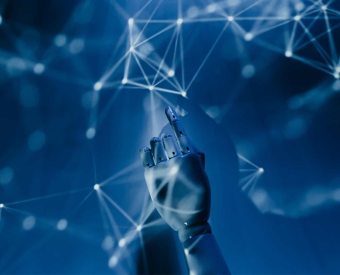 robotic hand touching dots in a futuristic vibe