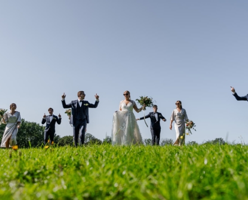 bride and groom with their entourage in an open field