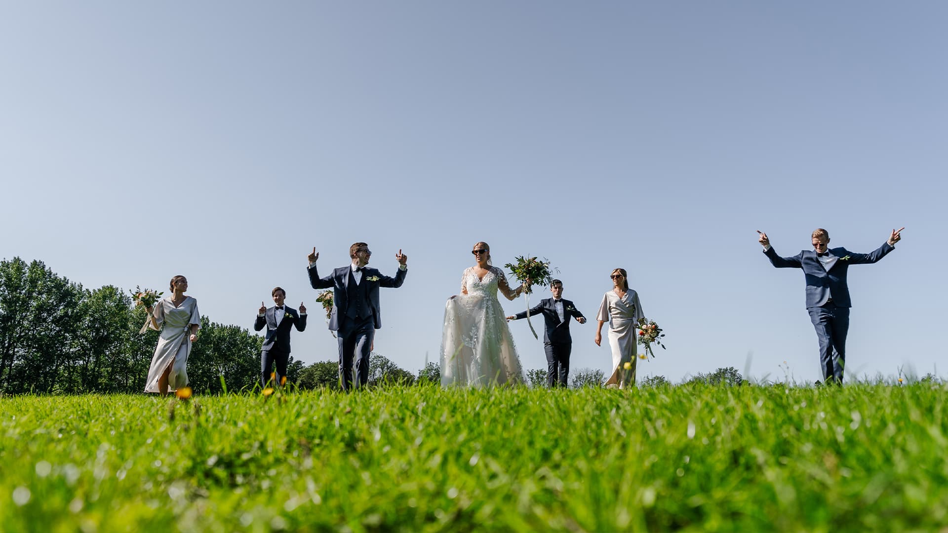 bride and groom with their entourage in an open field