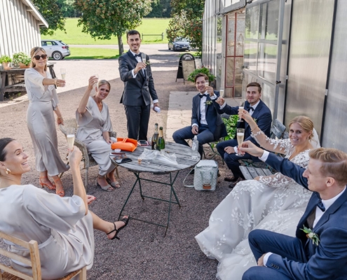 bride and groom with their entourage doing a toast to the camera