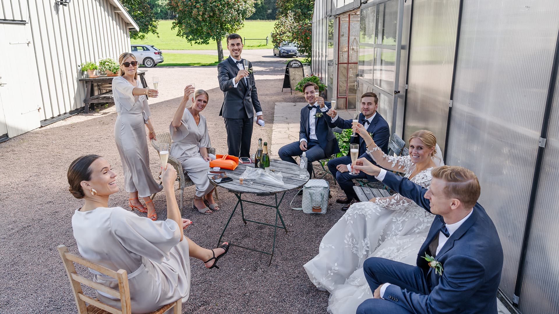 bride and groom with their entourage doing a toast to the camera