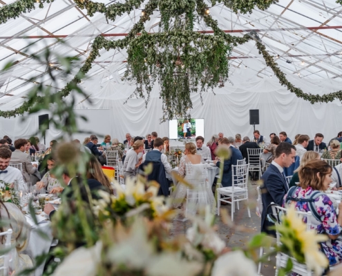 wide shot of wedding dinner