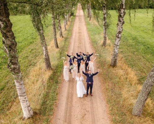 drone shot from above of bride and groom with their entourage