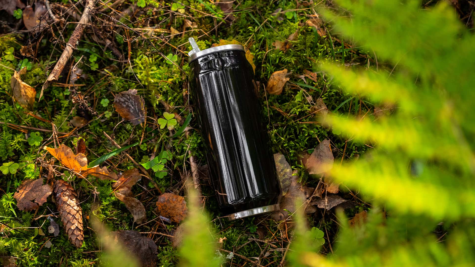 water bottle in silver shot in the forest